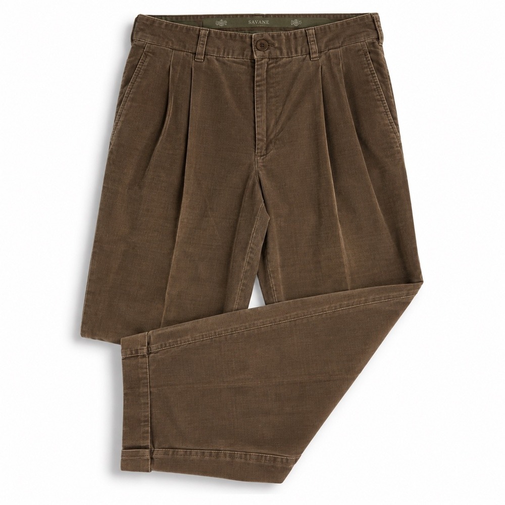 Vintage Savane Men's 38x32 Brown Pleated Corduroy Pants Cuffed Trousers
